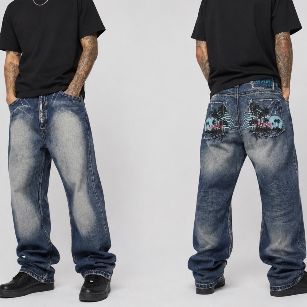 Vintage 90s y2k baggy streetwear akademiks denim jeans colorblock embroidery 34